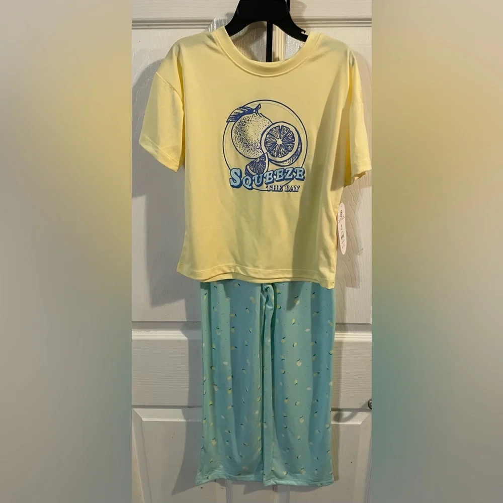 Wonder Nation Girls Yellow Blue Wide‎ Leg Lemon Pajama Set XS 4-5 Sleepwear NWT